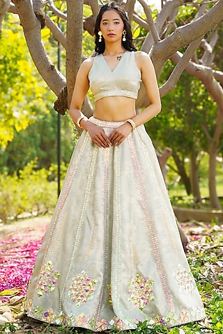 Green Shimmer Georgette Acrylic Hand Embroidered Lehenga Set by PRATISHTHA - THE LABEL