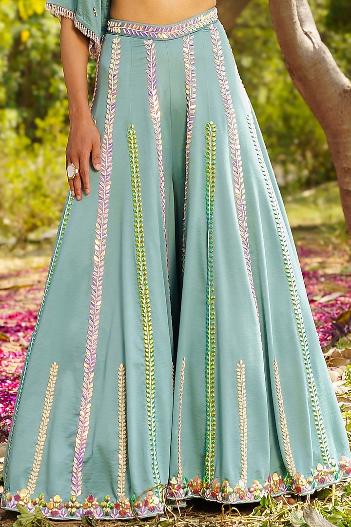 Green Imported Crepe Acrylic Hand Embroidered Wedding Sharara Set by PRATISHTHA - THE LABEL at Pernia's Pop Up Shop