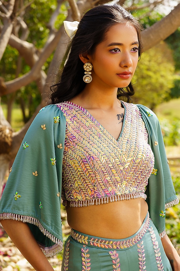 Green Imported Crepe Acrylic Hand Embroidered Wedding Sharara Set by PRATISHTHA - THE LABEL at Pernia's Pop Up Shop
