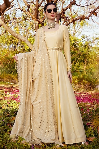 Gold Pure Silk Anarkali Set by PRATISHTHA - THE LABEL