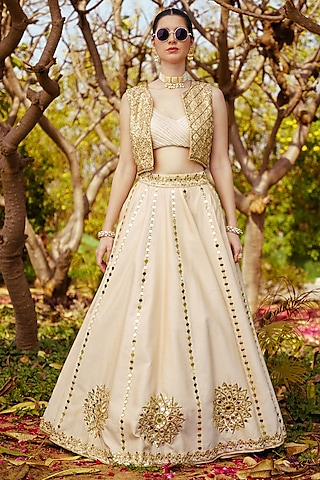 Gold Chanderi Silk Mirror Hand Embroidered Lehenga Set by PRATISHTHA - THE LABEL