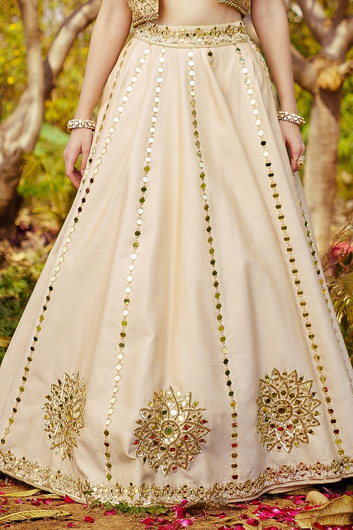Gold Chanderi Silk Mirror Hand Embroidered Wedding Lehenga Set by PRATISHTHA - THE LABEL at Pernia's Pop Up Shop