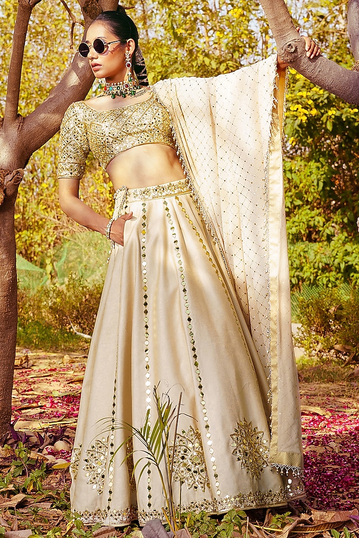 Gold Chanderi Silk Mirror Hand Embroidered Wedding Lehenga Set by PRATISHTHA - THE LABEL at Pernia's Pop Up Shop