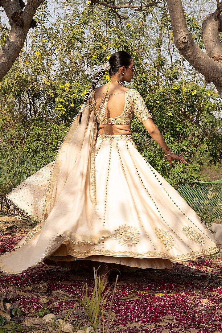 Gold Chanderi Silk Mirror Hand Embroidered Wedding Lehenga Set by PRATISHTHA - THE LABEL at Pernia's Pop Up Shop