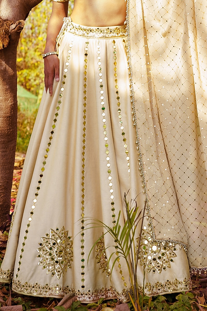 Gold Chanderi Silk Mirror Hand Embroidered Wedding Lehenga Set by PRATISHTHA - THE LABEL at Pernia's Pop Up Shop
