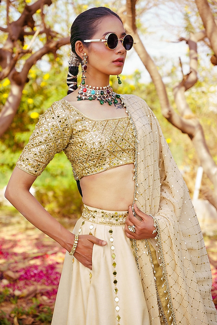 Gold Chanderi Silk Mirror Hand Embroidered Wedding Lehenga Set by PRATISHTHA - THE LABEL at Pernia's Pop Up Shop