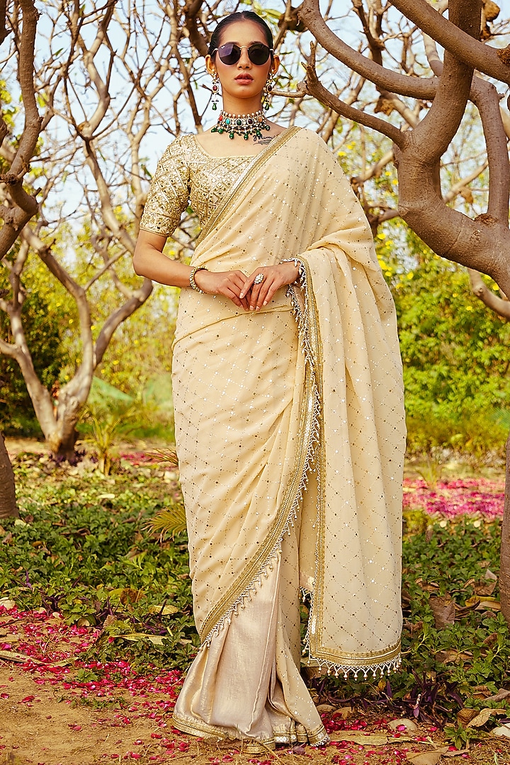 Gold Georgette Mirror Hand Embroidered Saree Set by PRATISHTHA - THE LABEL