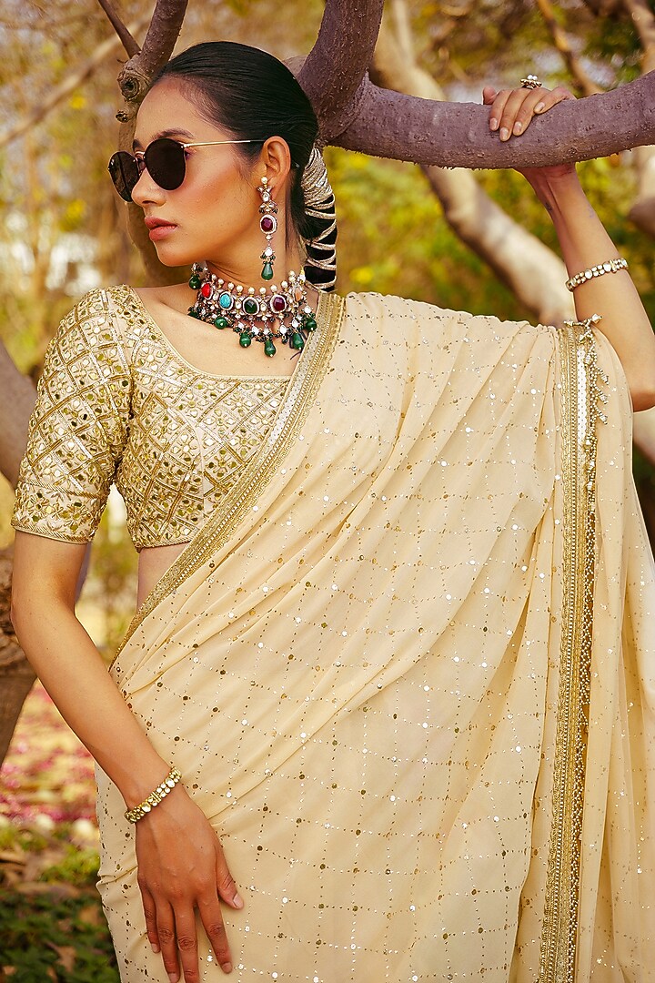 Gold Georgette Mirror Hand Embroidered Wedding Saree Set by PRATISHTHA - THE LABEL at Pernia's Pop Up Shop