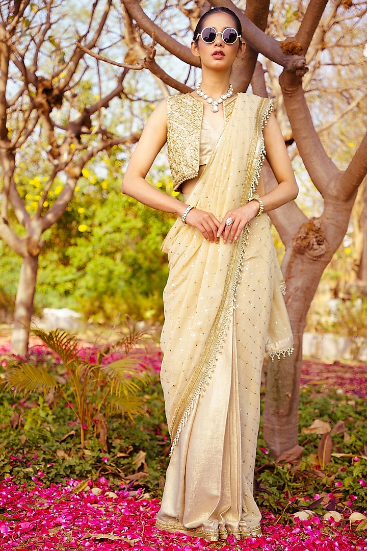 Gold Georgette Mirror Hand Embroidered Saree Set by PRATISHTHA - THE LABEL at Pernia's Pop Up Shop