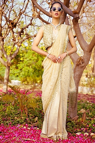 Gold Georgette Mirror Hand Embroidered Saree Set by PRATISHTHA - THE LABEL