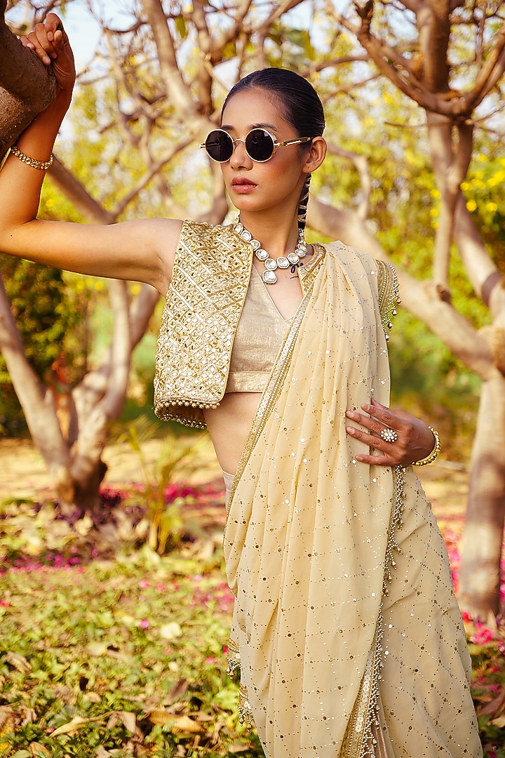 Gold Georgette Mirror Hand Embroidered Wedding Saree Set by PRATISHTHA - THE LABEL at Pernia's Pop Up Shop