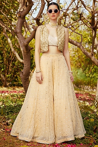 Gold Georgette Mirror Hand Embroidered Sharara Set by PRATISHTHA - THE LABEL