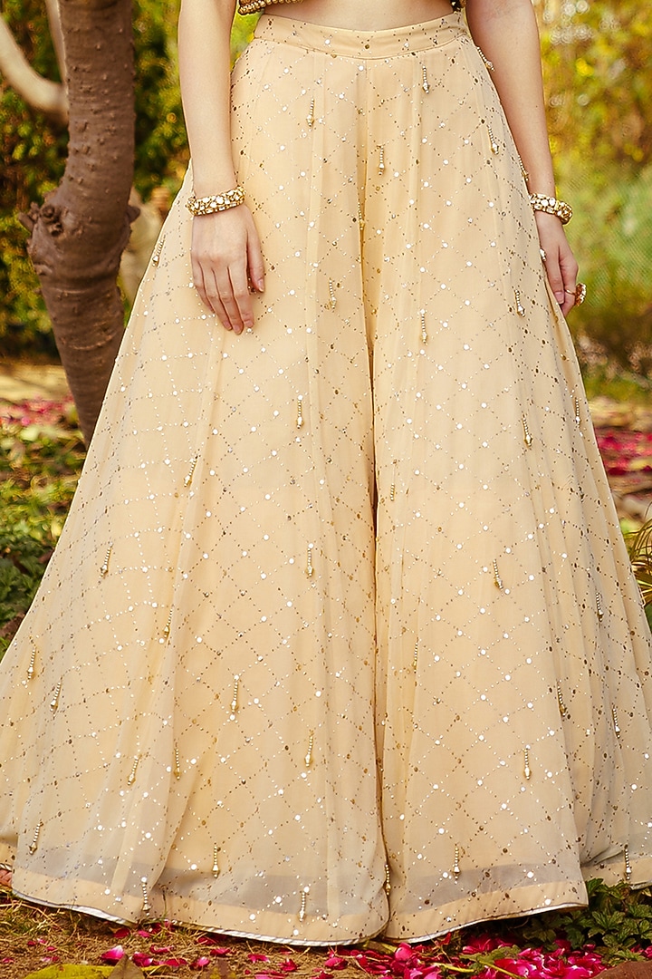 Gold Georgette Mirror Hand Embroidered Wedding Sharara Set by PRATISHTHA - THE LABEL at Pernia's Pop Up Shop