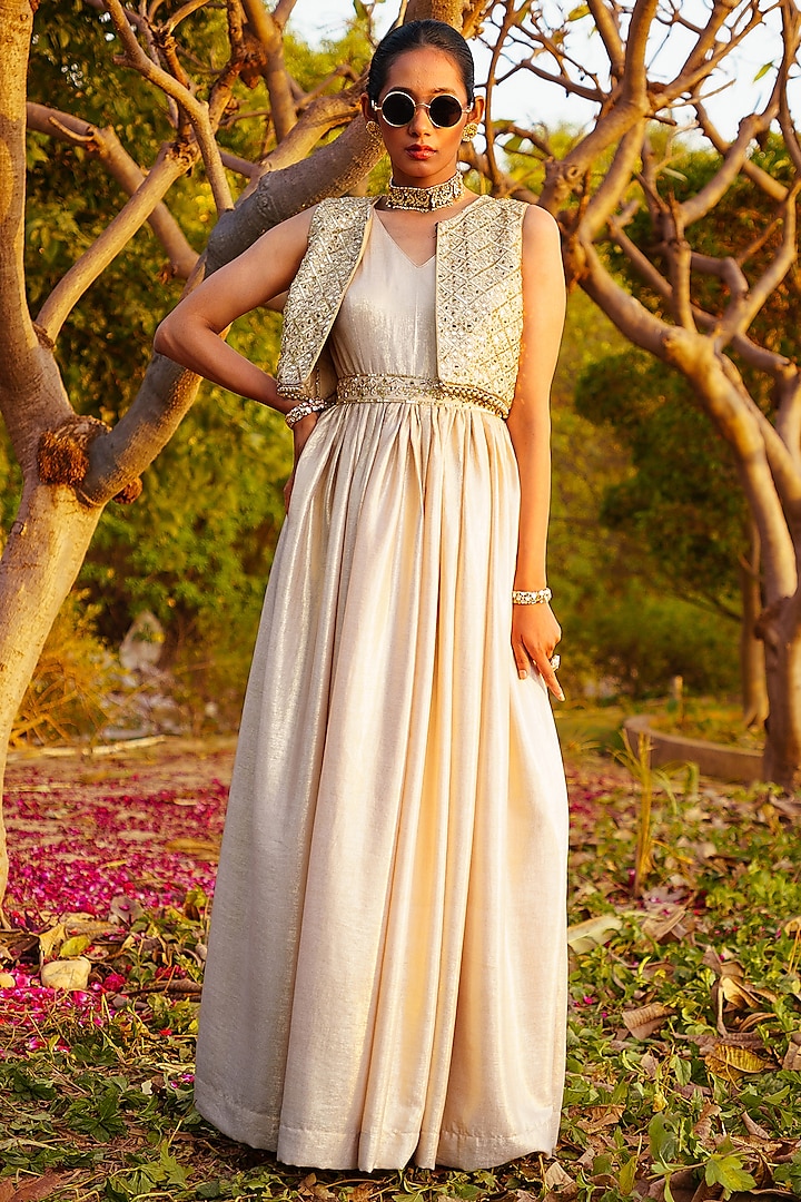 Gold Shimmer Georgette Gown With Bolero by PRATISHTHA - THE LABEL