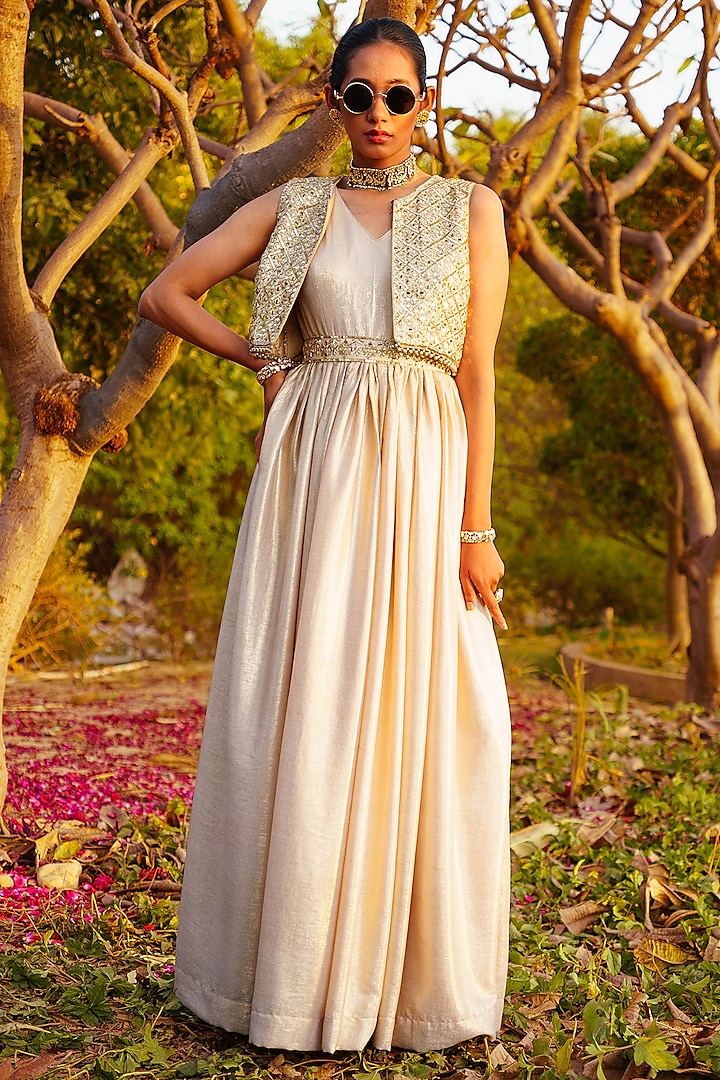 Gold Shimmer Georgette Gown With Bolero by PRATISHTHA - THE LABEL at Pernia's Pop Up Shop