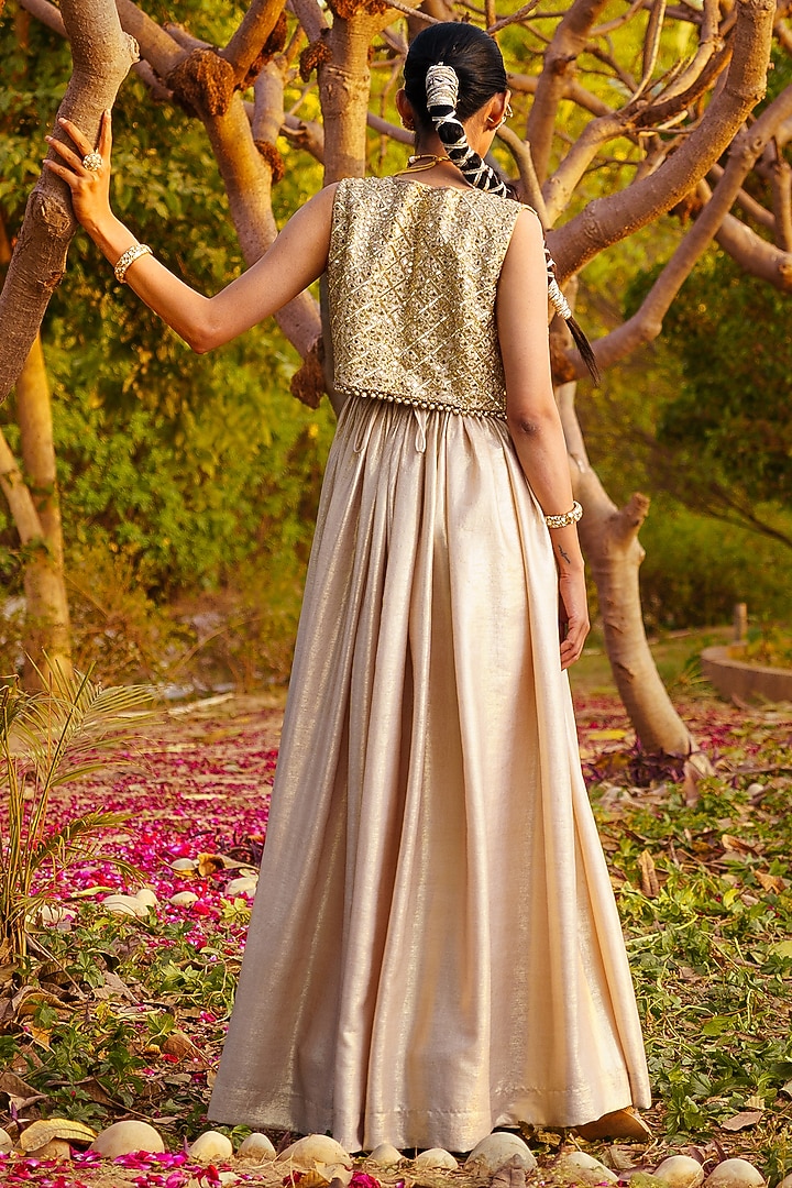 Gold Shimmer Georgette Engagement Gown With Bolero by PRATISHTHA - THE LABEL at Pernia's Pop Up Shop