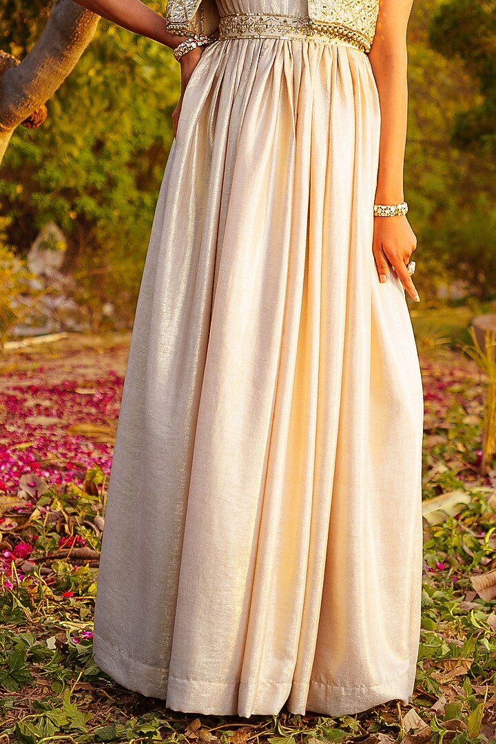 Gold Shimmer Georgette Engagement Gown With Bolero by PRATISHTHA - THE LABEL at Pernia's Pop Up Shop