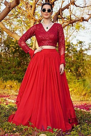 Red Chiffon Gathered Lehenga Set by PRATISHTHA - THE LABEL