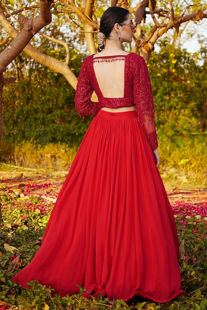 Red Chiffon Gathered Lehenga Set by PRATISHTHA - THE LABEL at Pernia's Pop Up Shop