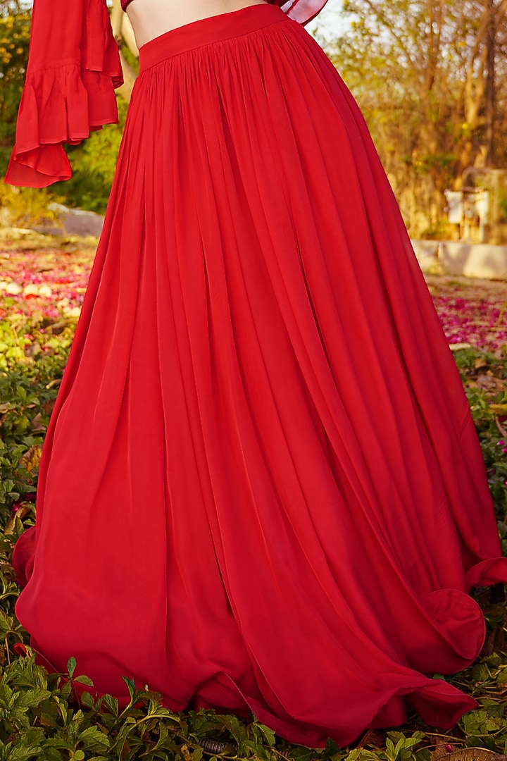 Red Chiffon Gathered Lehenga Set by PRATISHTHA - THE LABEL at Pernia's Pop Up Shop