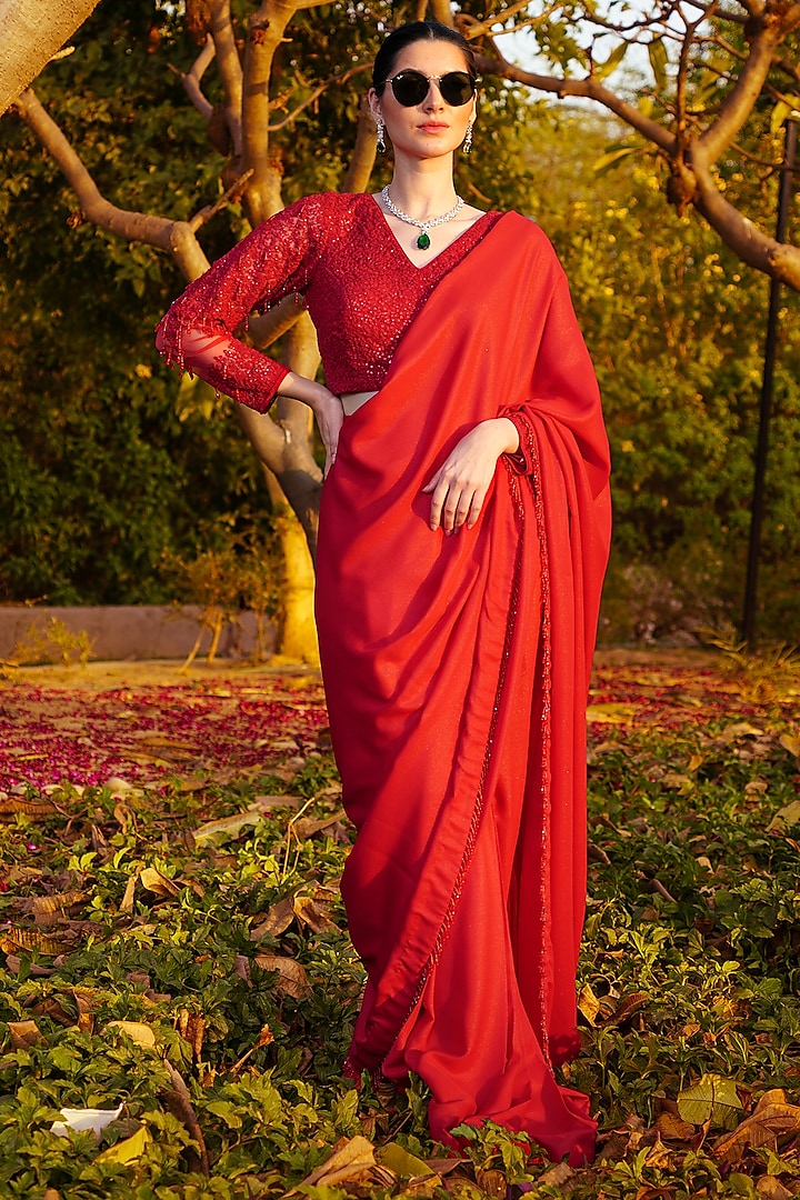Red Shimmer Georgette Saree Set by PRATISHTHA - THE LABEL