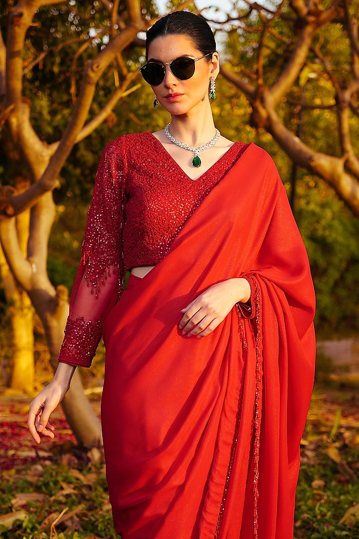 Red Shimmer Georgette Wedding Saree Set by PRATISHTHA - THE LABEL at Pernia's Pop Up Shop