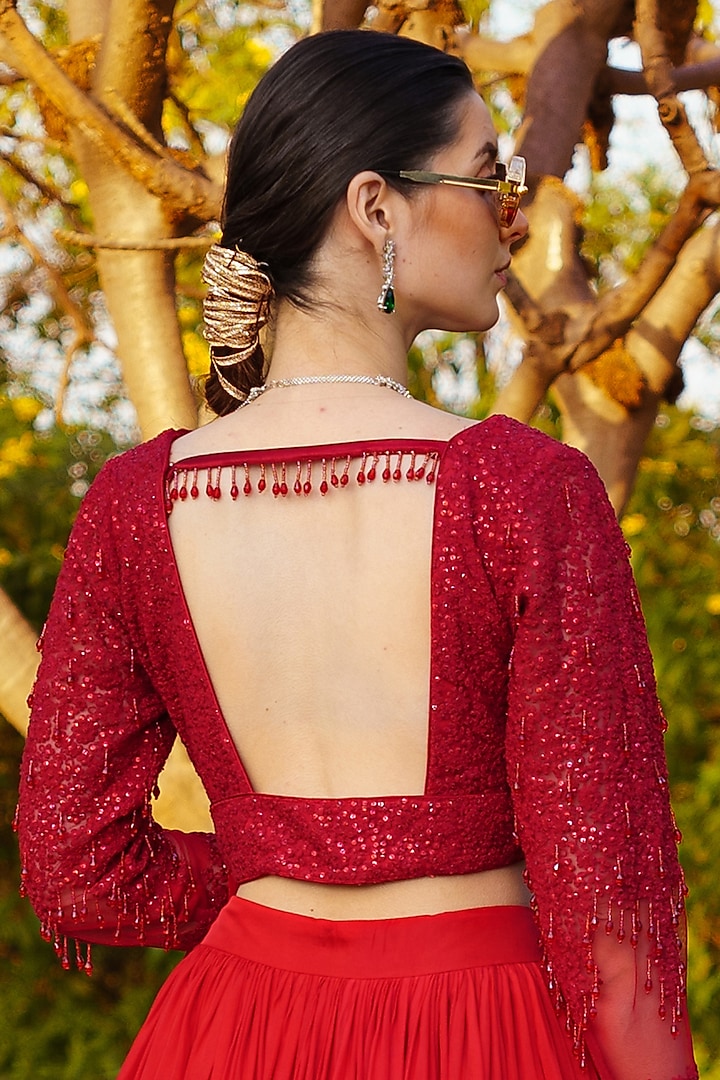 Red Shimmer Georgette Wedding Saree Set by PRATISHTHA - THE LABEL at Pernia's Pop Up Shop