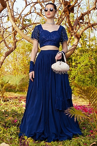 Blue Chiffon Gathered Lehenga Set by PRATISHTHA - THE LABEL