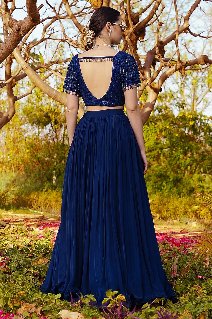Blue Chiffon Gathered Lehenga Set by PRATISHTHA - THE LABEL at Pernia's Pop Up Shop