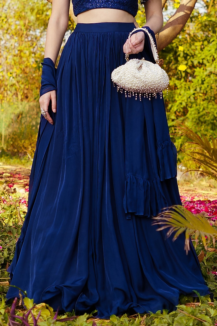 Blue Chiffon Gathered Lehenga Set by PRATISHTHA - THE LABEL at Pernia's Pop Up Shop