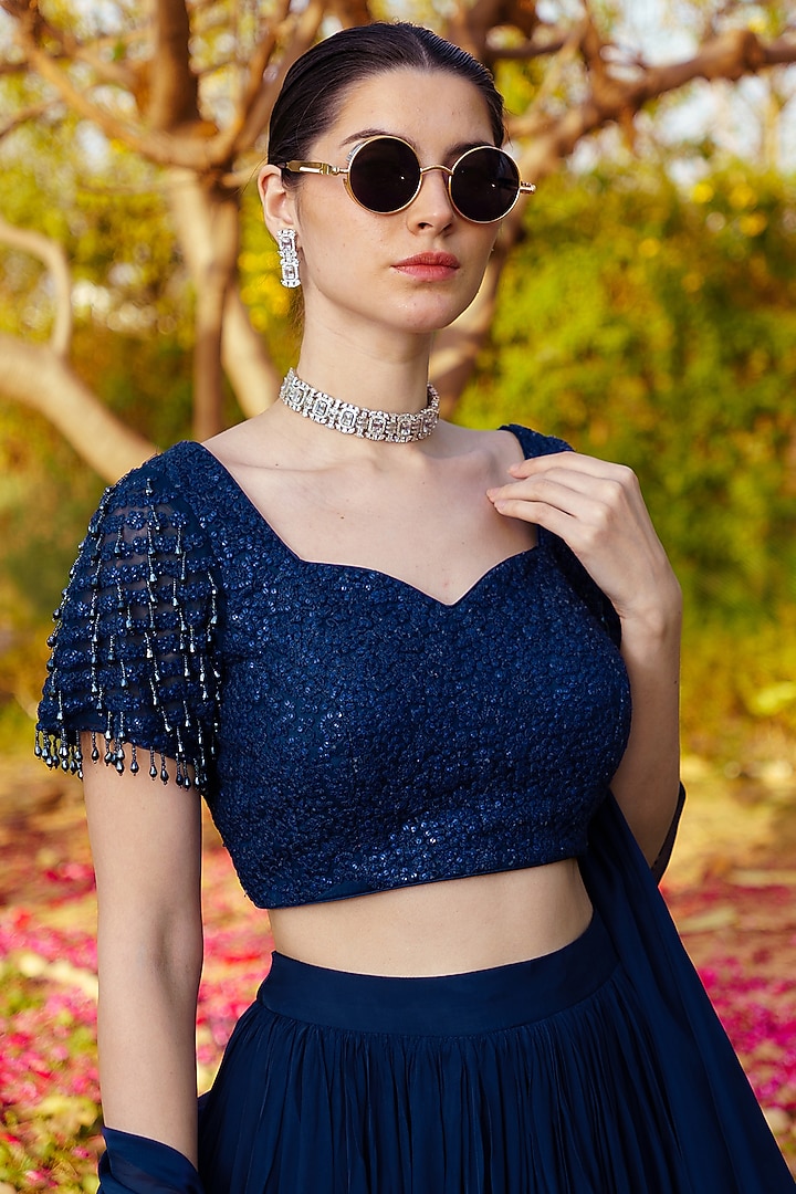 Blue Chiffon Gathered Lehenga Set by PRATISHTHA - THE LABEL at Pernia's Pop Up Shop