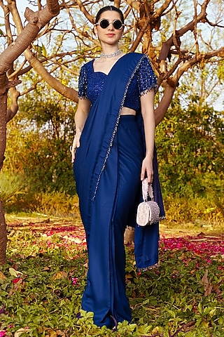 Blue Shimmer Georgette Saree Set by PRATISHTHA - THE LABEL