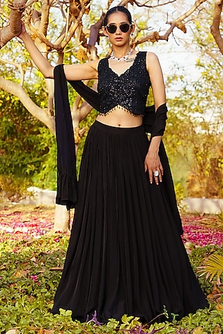 Black Chiffon Gathered Lehenga Set by PRATISHTHA - THE LABEL