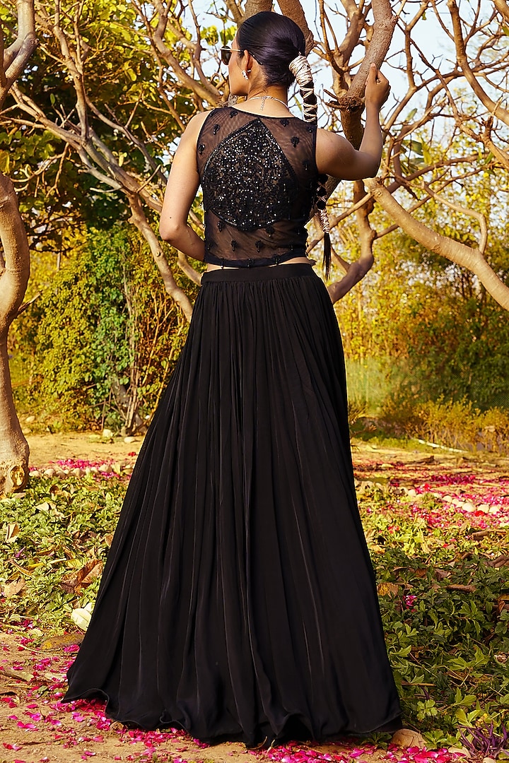 Black Chiffon Gathered Lehenga Set by PRATISHTHA - THE LABEL at Pernia's Pop Up Shop