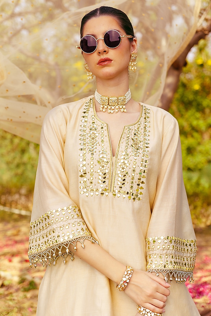 Gold Chanderi Hand Embroidered A-Line Short Kurta Set by PRATISHTHA - THE LABEL at Pernia's Pop Up Shop