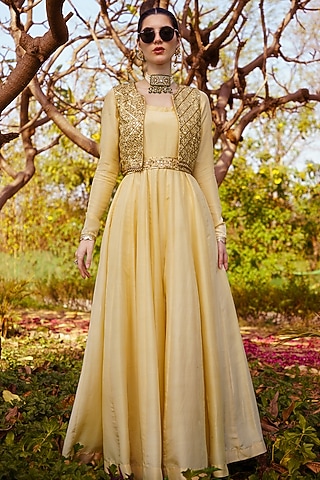 Gold Pure Silk Anarkali Set by PRATISHTHA - THE LABEL
