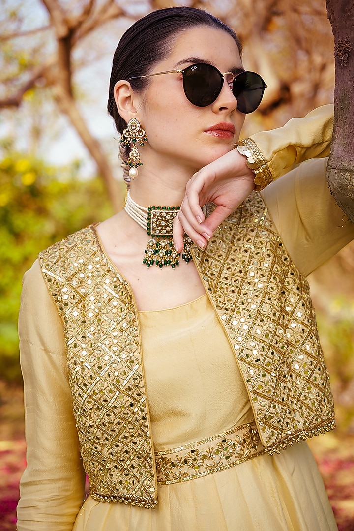 Gold Pure Silk Wedding Anarkali Set by PRATISHTHA - THE LABEL at Pernia's Pop Up Shop
