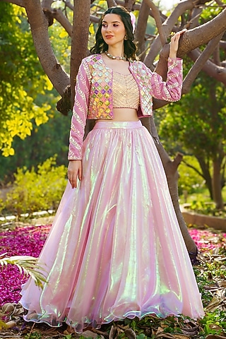 Pink Organza Acrylic Hand Embroidered Jacket Lehenga Set by PRATISHTHA - THE LABEL