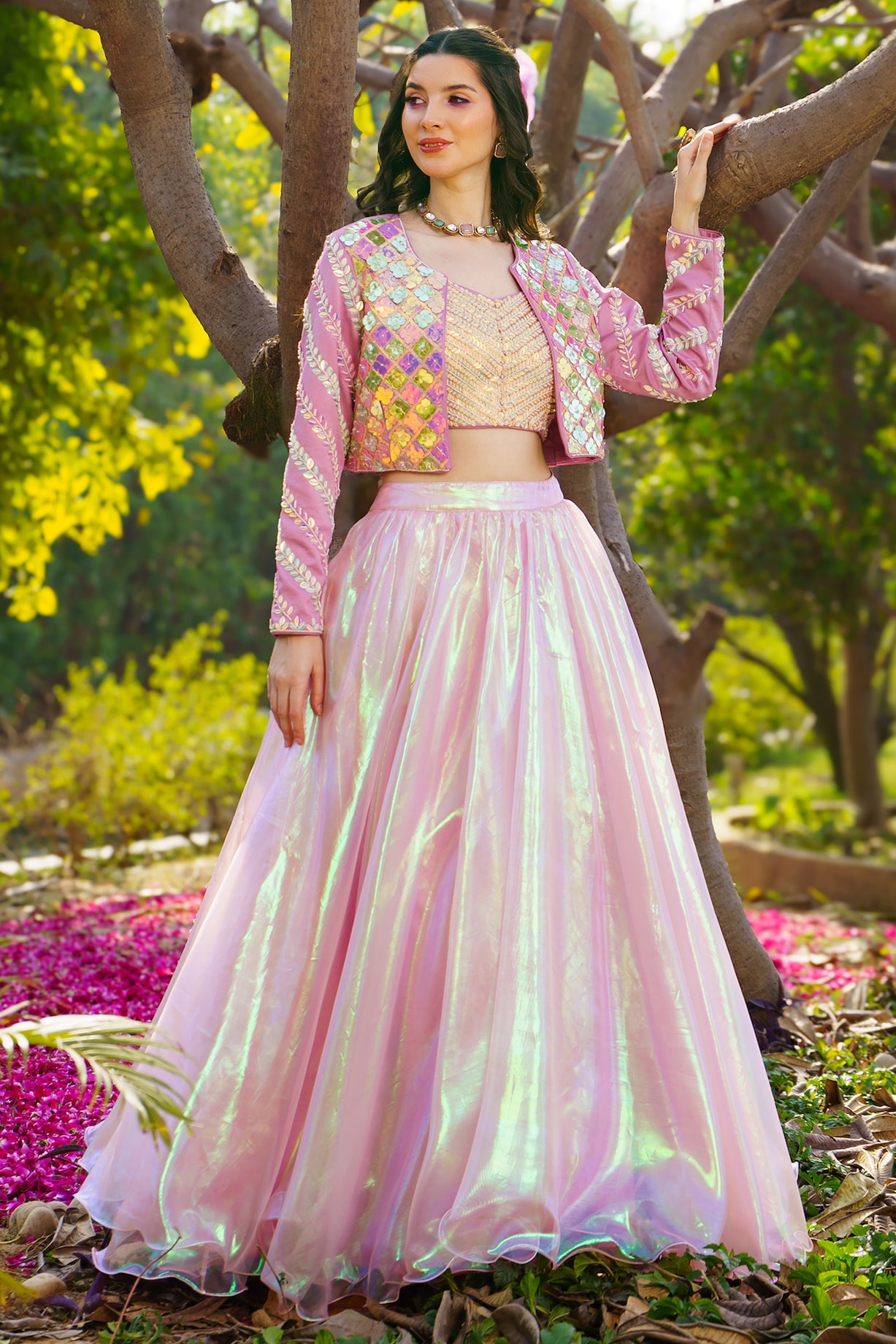 Pink Organza Acrylic Hand Embroidered Jacket Wedding Lehenga Set