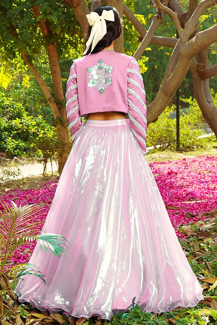 Pink Organza Acrylic Hand Embroidered Jacket Wedding Lehenga Set by PRATISHTHA - THE LABEL at Pernia's Pop Up Shop