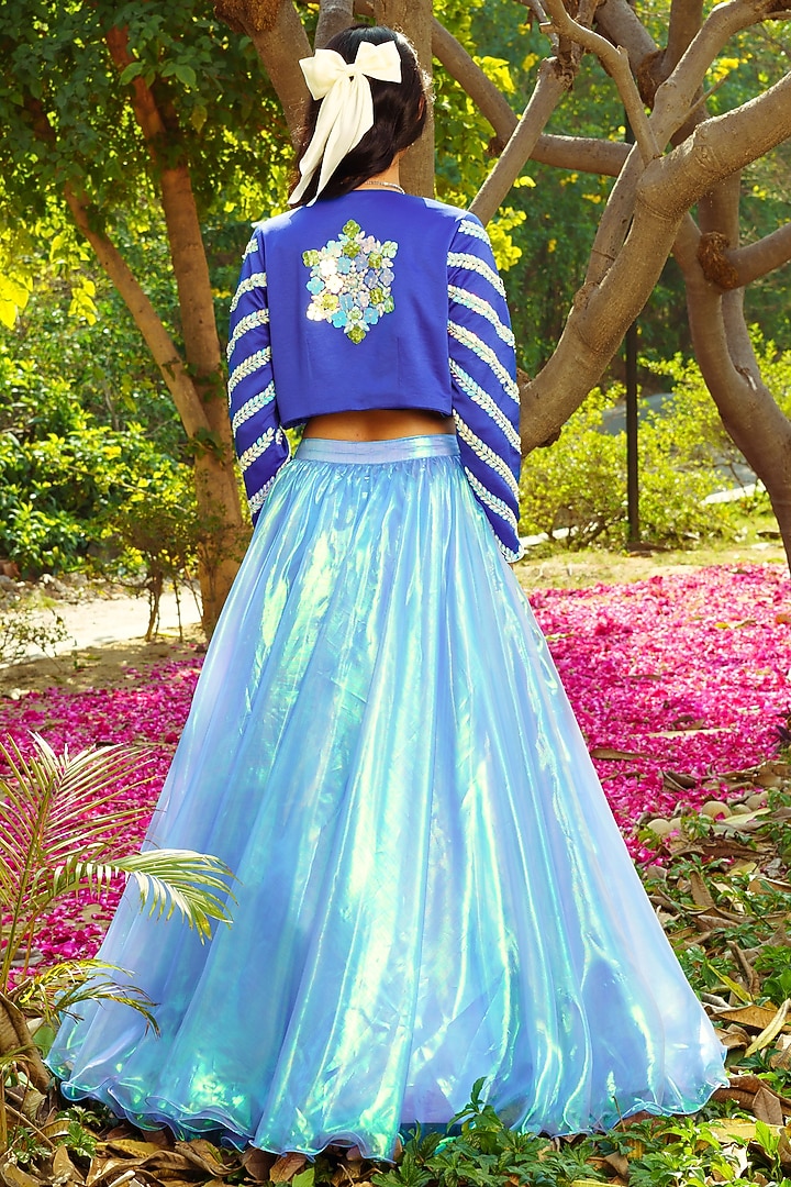 Blue Organza Acrylic Hand Embroidered Jacket Wedding Lehenga Set by PRATISHTHA - THE LABEL at Pernia's Pop Up Shop