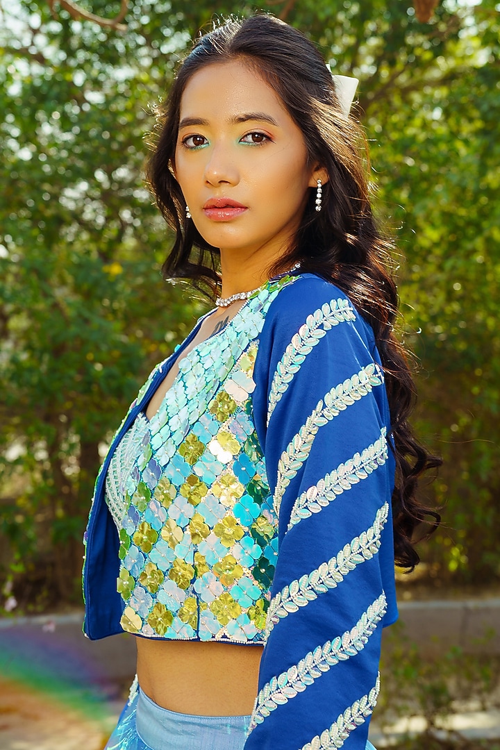 Blue Organza Acrylic Hand Embroidered Jacket Wedding Lehenga Set by PRATISHTHA - THE LABEL at Pernia's Pop Up Shop