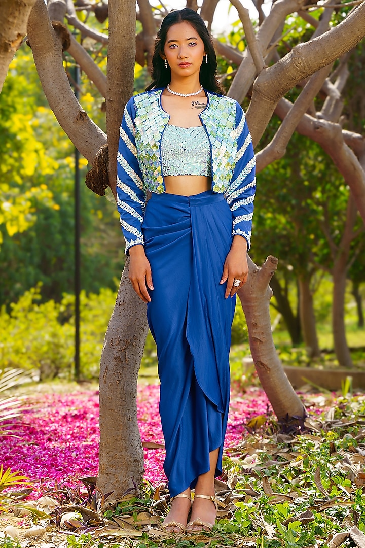 Indigo Imported Crepe Dhoti Skirt Set by PRATISHTHA - THE LABEL at Pernia's Pop Up Shop