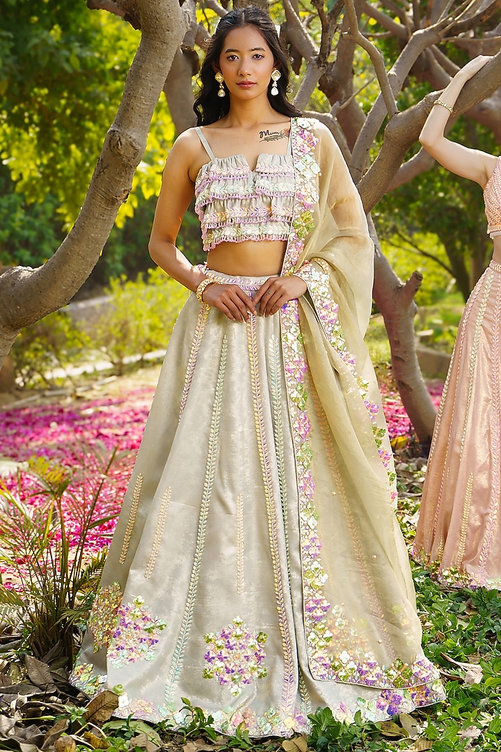 Green Shimmer Georgette Acrylic Hand Embroidered Frilled Wedding Lehenga Set by PRATISHTHA - THE LABEL at Pernia's Pop Up Shop