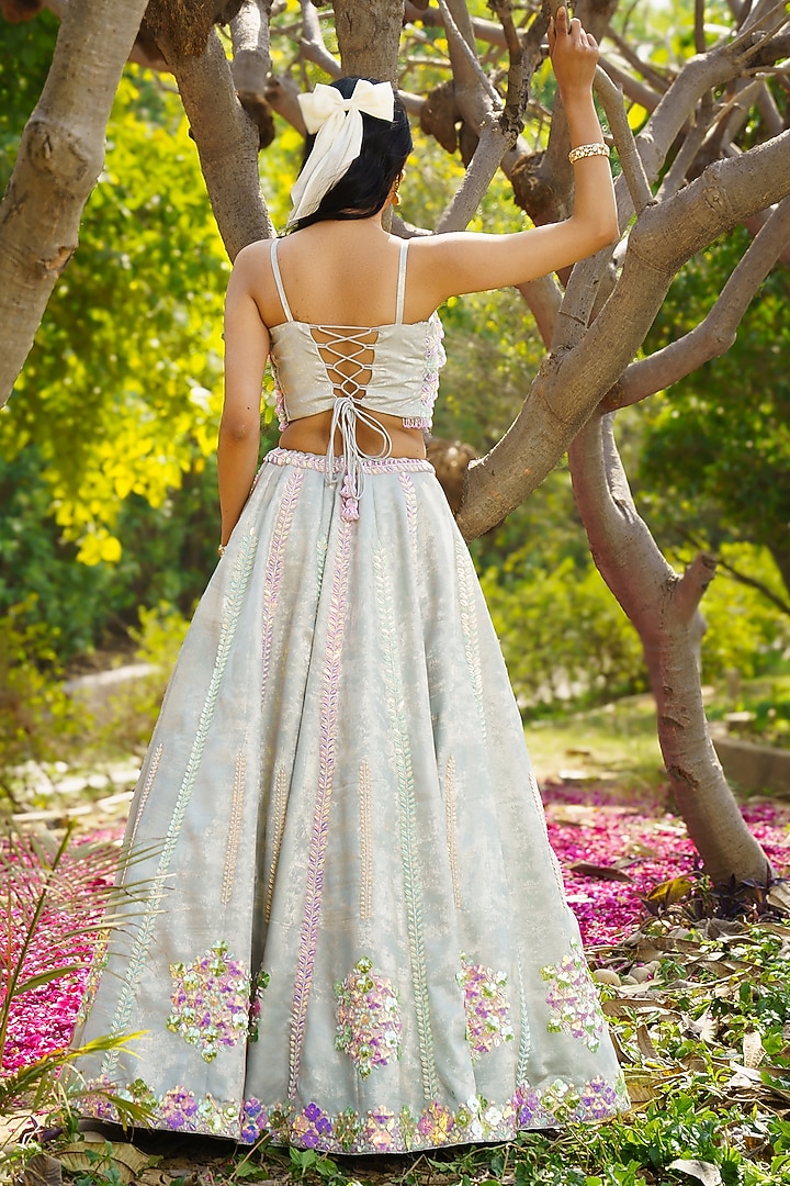 Green Shimmer Georgette Acrylic Hand Embroidered Frilled Wedding Lehenga Set by PRATISHTHA - THE LABEL at Pernia's Pop Up Shop
