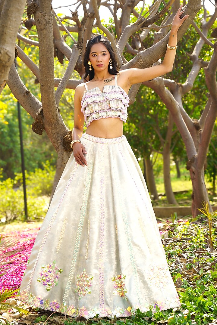 Green Shimmer Georgette Acrylic Hand Embroidered Frilled Wedding Lehenga Set by PRATISHTHA - THE LABEL at Pernia's Pop Up Shop