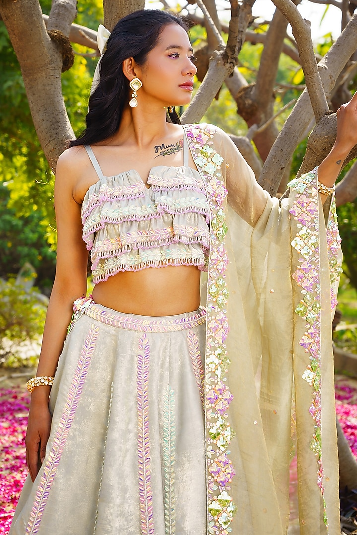 Green Shimmer Georgette Acrylic Hand Embroidered Frilled Wedding Lehenga Set by PRATISHTHA - THE LABEL at Pernia's Pop Up Shop