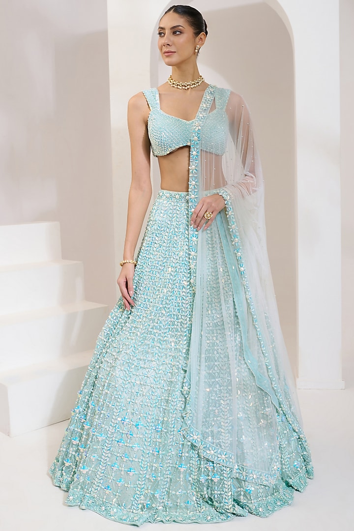 Turquoise Blue Net Acrylic & Pearl Hand Embroidered Wedding Lehenga Set by PRATISHTHA - THE LABEL at Pernia's Pop Up Shop