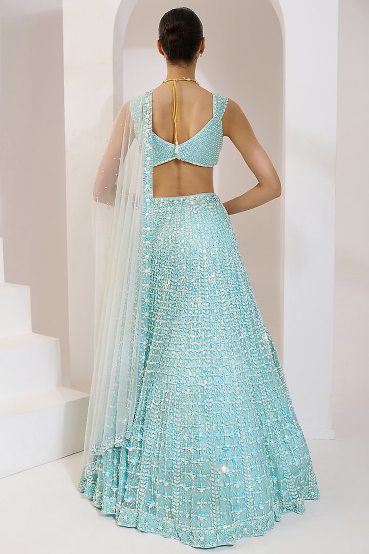 Turquoise Blue Net Acrylic & Pearl Hand Embroidered Bridal Lehenga Set by PRATISHTHA - THE LABEL at Pernia's Pop Up Shop