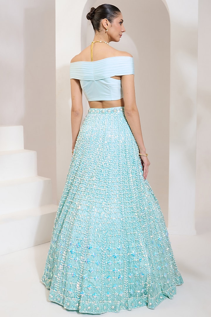 Turquoise Blue Net Acrylic & Pearl Hand Embroidered Wedding Lehenga Set by PRATISHTHA - THE LABEL at Pernia's Pop Up Shop